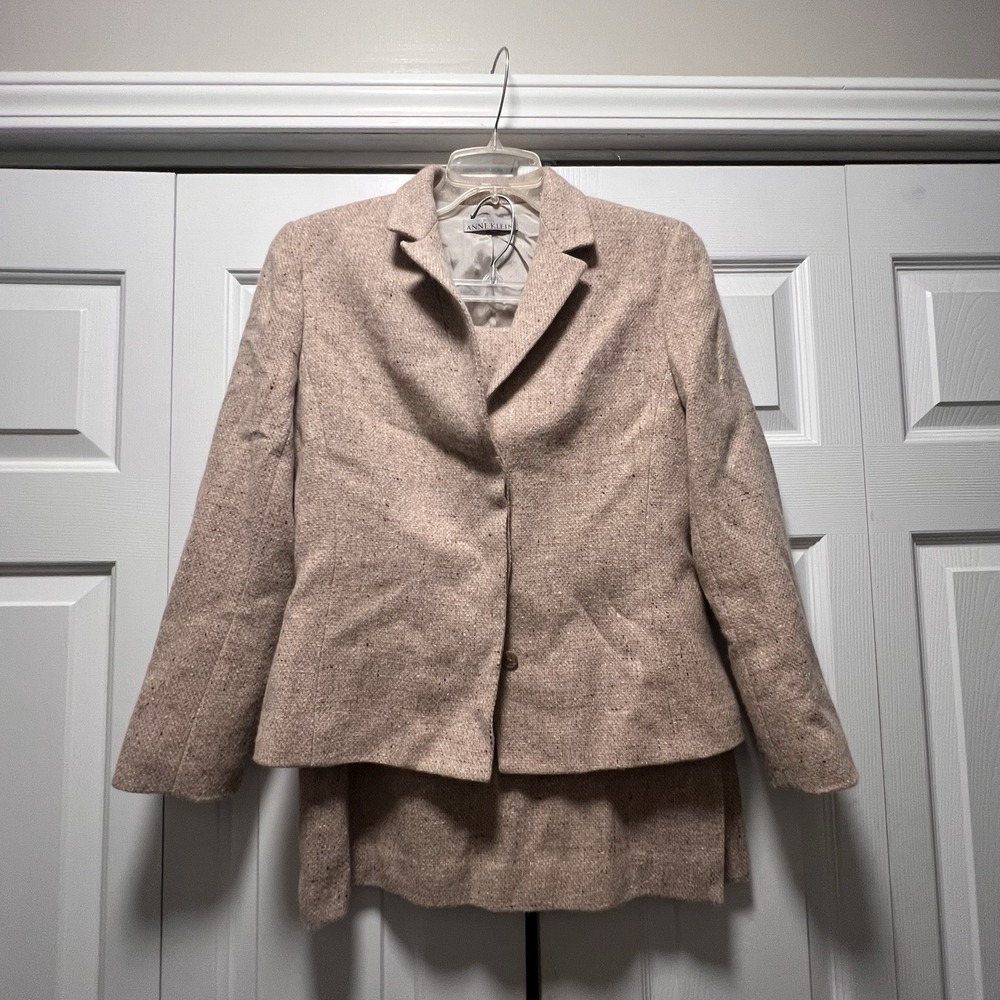 Vtg Anne Kline Petite 2 Pc Tan Tweed Wool Angora Blend Skirt Suit Set Size 8 10